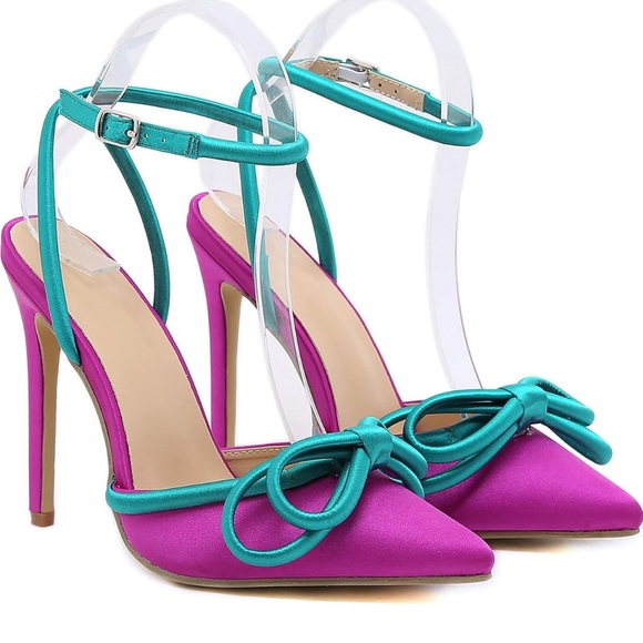 FUCHSIA & TEAL POINTED TOE HEELS - Picture 4 of 9